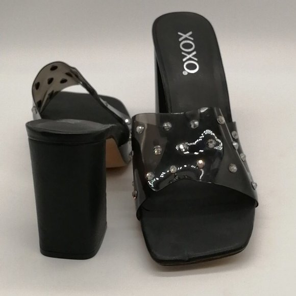 XOXO Womens Sandal Razia Black Slide Clear Studded Strap Chunky High Heel 11 - Picture 3 of 9